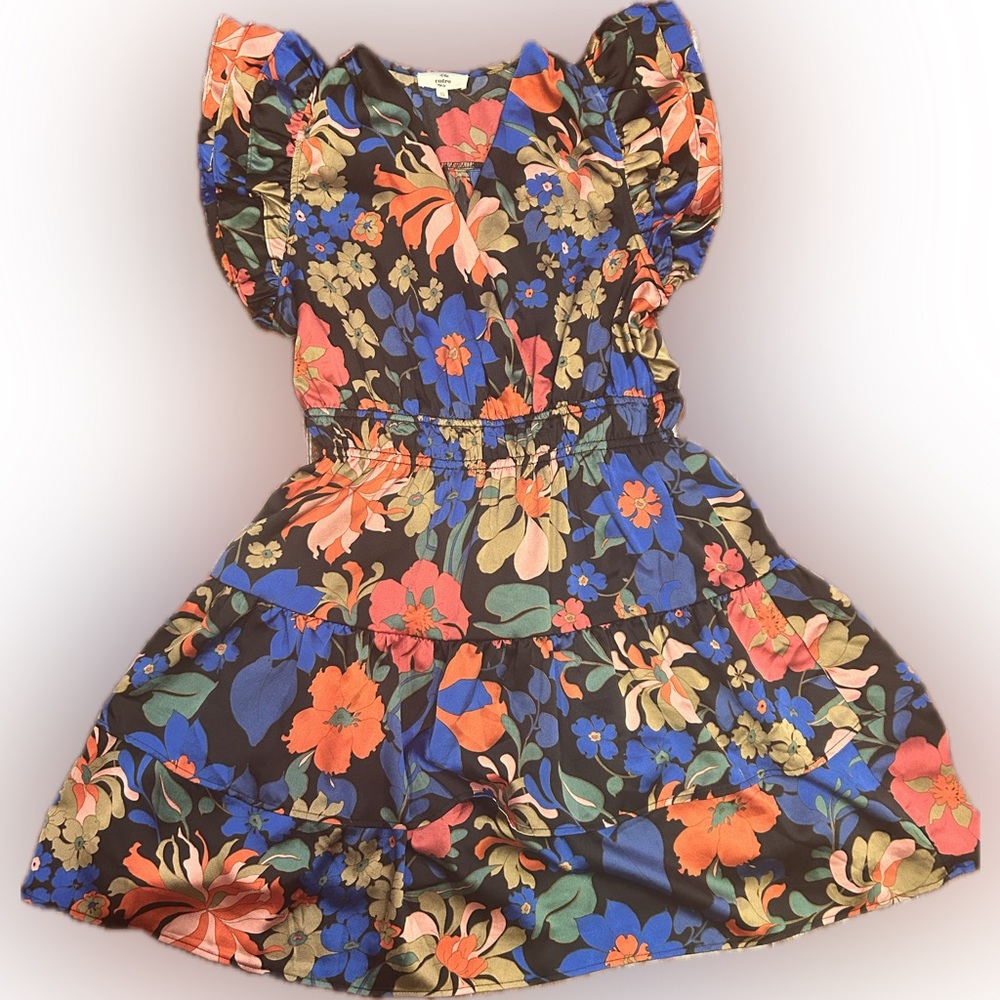 Entro small Floral printed Puff/ruffled Sleeve tiered skirt V- neck mini Dress